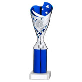 SILVER/BLUE PLASTIC 'SABRE' CUP ASSEMBLED ON MARBLE (1in CEN) - 10in
